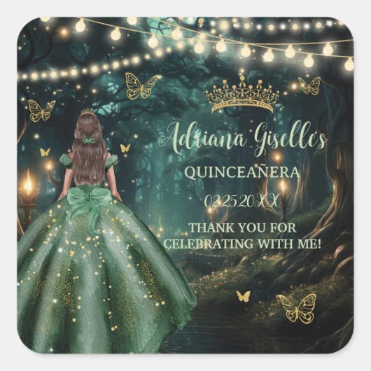 Enchanted Forest Emerald Groene Jurk Quinceañera Vierkante Sticker (Voorkant)