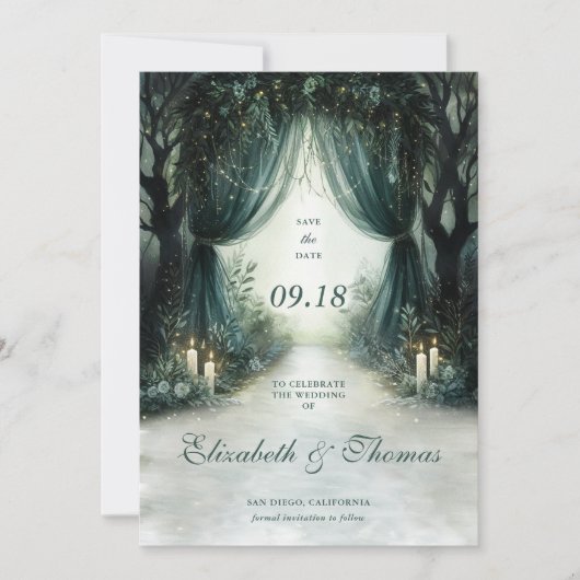 Enchanted Forest Emerald Moody Dark Photo Wedding Save The Date (Voorkant)