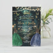 Enchanted Forest Emerald & Navy Twins Quinceañera Kaart (Staand voorkant)