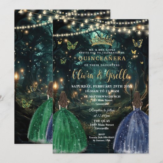 Enchanted Forest Emerald & Navy Twins Quinceañera Kaart (Voorkant / Achterkant)