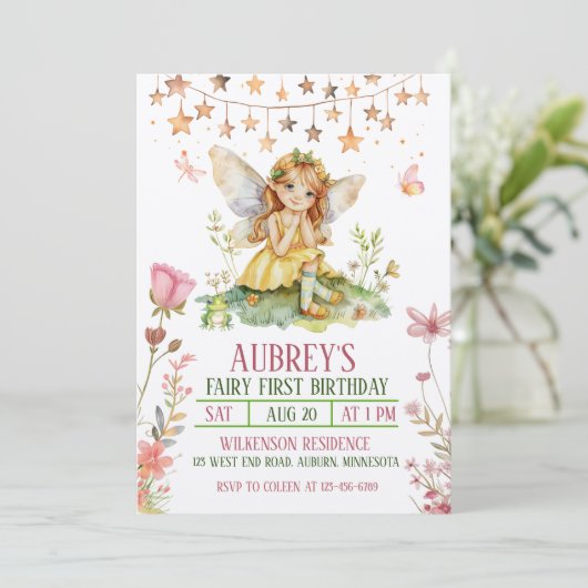 Enchanted Forest Fairy Eerste Verjaardag Uitnodigi Kaart (Staand voorkant)