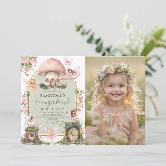 Enchanted Forest Fairy First Birthday Photo Kaart (Staand voorkant)