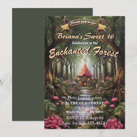 Enchanted Forest Fairy House Sweet 16 Uitnodiginge Kaart (Voorkant / Achterkant)