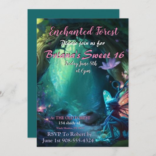 Enchanted Forest Fairy Sweet 16 Invitation Kaart (Voorkant / Achterkant)