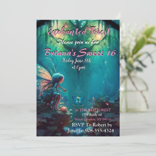 Enchanted Forest Fairy Sweet 16 Invitation Kaart (Staand voorkant)