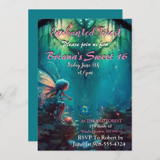 Enchanted Forest Fairy Sweet 16 Invitation Kaart (Voorkant / Achterkant)