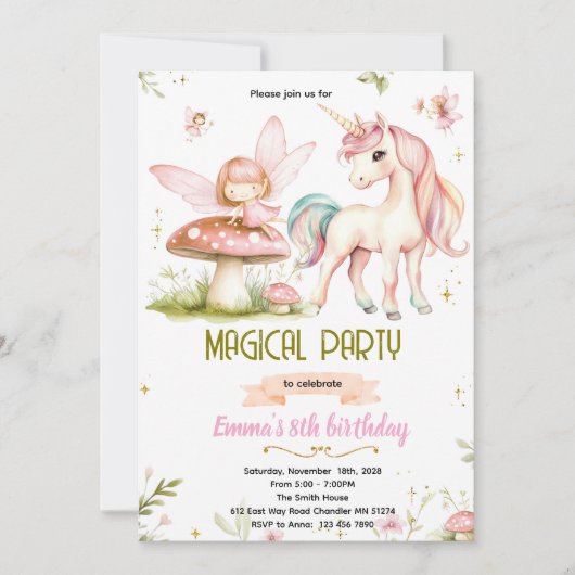 Enchanted Forest Fairy Unicorn Birthday Invitation Kaart (Voorkant)