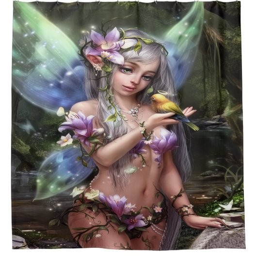 Enchanted Forest Fairy with Golden Bird Douchegordijn (Voorkant)