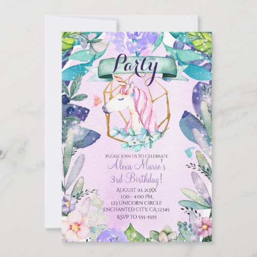 Enchanted Forest Fantasy Magical Unicorn Party Kaart (Voorkant)