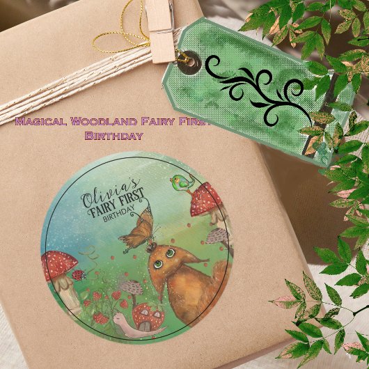 Enchanted Forest Fox & Snail Fairy Eerste Verjaard Ronde Sticker