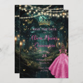 Enchanted Forest Fuchsia Roze Jurk Quinceañera 16 Save The Date (Voorkant / Achterkant)