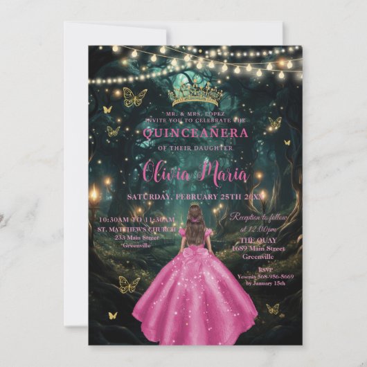 Enchanted Forest Fuchsia roze jurk XV Quinceañera Kaart (Voorkant)