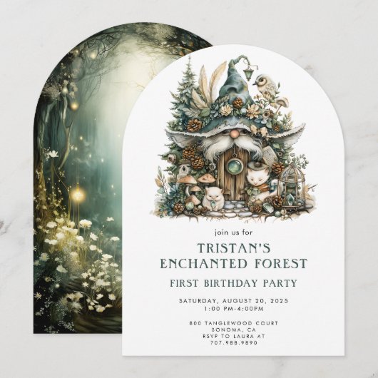 Enchanted Forest Gnome 1e verjaardag Kaart (Voorkant / Achterkant)