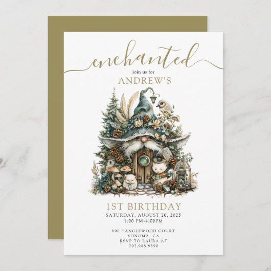 Enchanted Forest Gnome 1e verjaardag Kaart (Voorkant / Achterkant)