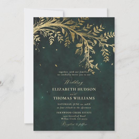 Enchanted Forest Gold Branch Emerald Green Wedding Kaart (Voorkant)