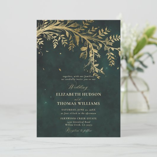 Enchanted Forest Gold Branch Emerald Green Wedding Kaart (Staand voorkant)