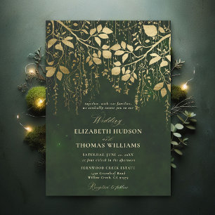 Enchanted Forest Gold Foliage Hunter Green Wedding Kaart