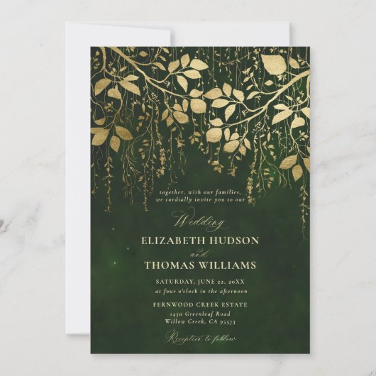 Enchanted Forest Gold Foliage Hunter Green Wedding Kaart (Voorkant)