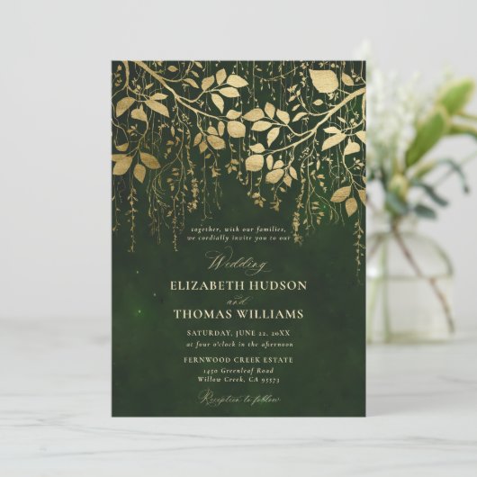 Enchanted Forest Gold Foliage Hunter Green Wedding Kaart (Staand voorkant)