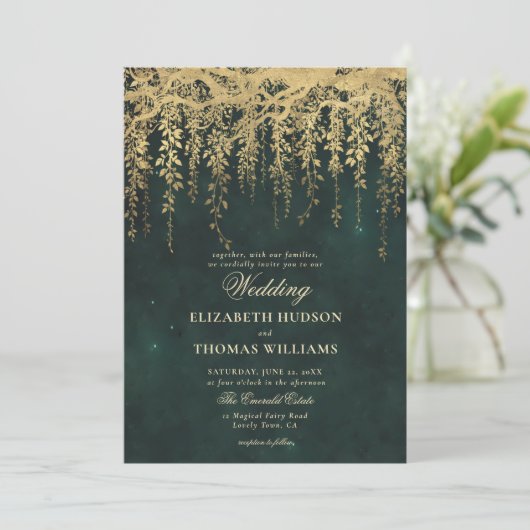 Enchanted Forest Gold Greenery Aangepaste bruiloft Kaart (Staand voorkant)