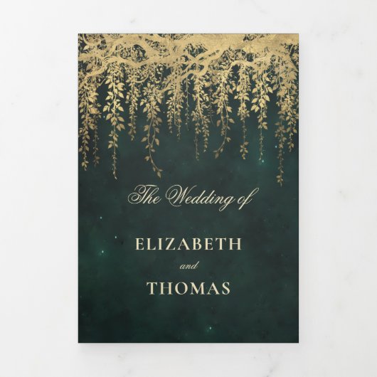 Enchanted Forest Gold Greenery All One 2 Wedding Drieluik Uitnodiging (Cover)