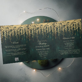 Enchanted Forest Gold Greenery All One 2 Wedding Drieluik Uitnodiging