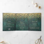Enchanted Forest Gold Greenery Emerald Twinkle Drieluik Uitnodiging (Binnen)