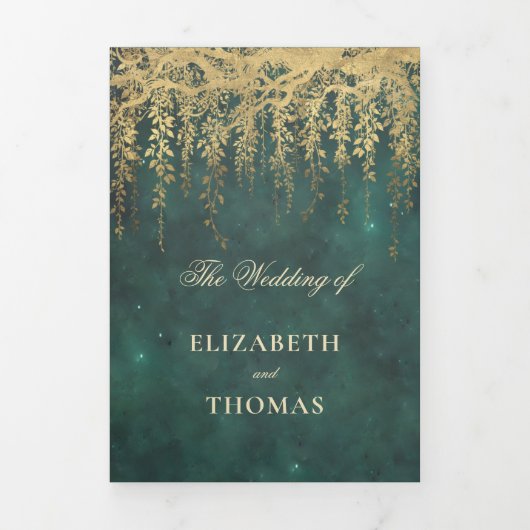 Enchanted Forest Gold Greenery Emerald Twinkle Drieluik Uitnodiging (Cover)
