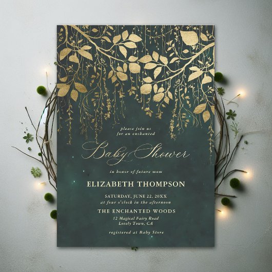 Enchanted Forest Gold Greenery Magisch Baby shower Kaart