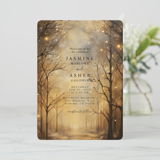 Enchanted Forest Gold Wedding Kaart (Staand voorkant)