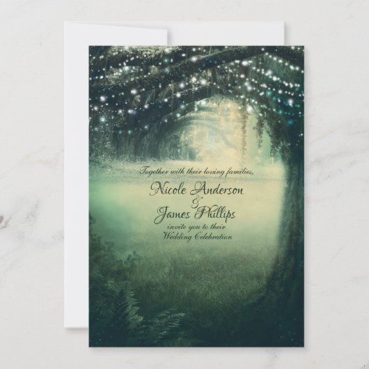 Enchanted Forest Green Blue Lights Rustic Wedding Kaart (Voorkant)