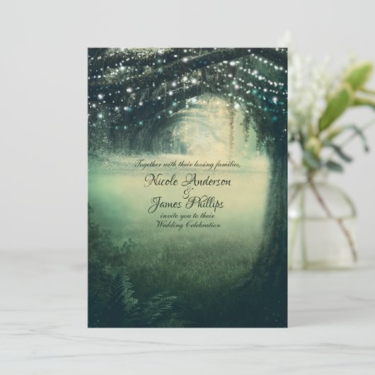 Enchanted Forest Green Blue Lights Rustic Wedding Kaart (Staand voorkant)