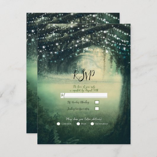 Enchanted Forest Green Blue Lights Wedding RSVP Kaart (Voorkant / Achterkant)