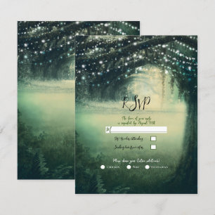 Enchanted Forest Green Blue Lights Wedding RSVP Kaart