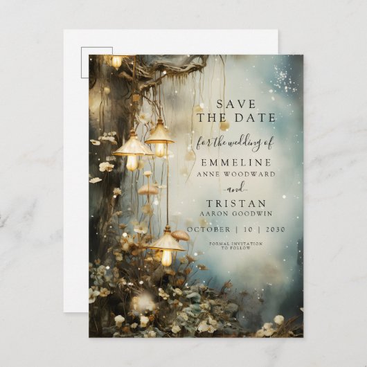 Enchanted Forest hangende lantaarns bruiloft Aankondigingskaart (Voorkant / Achterkant)