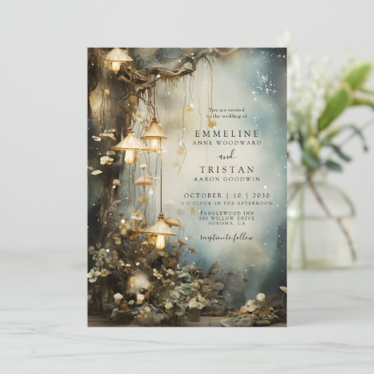 Enchanted Forest hangende lantaarns bruiloft Kaart (Staand voorkant)