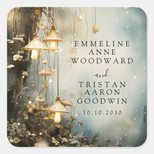 Enchanted Forest hangende lantaarns bruiloft Vierkante Sticker (Voorkant)