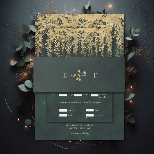 Enchanted Forest Hanging Gold Greenery Wedding Uitnodigingen Wikkel