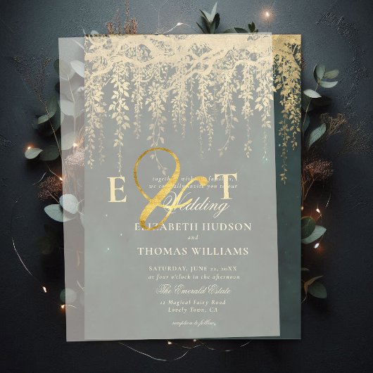 Enchanted Forest Hanging Gold Greenery Wedding Vellum Uitnodigingen