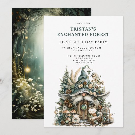 Enchanted Forest Kind's 1e verjaardagsfeestje Kaart (Voorkant / Achterkant)