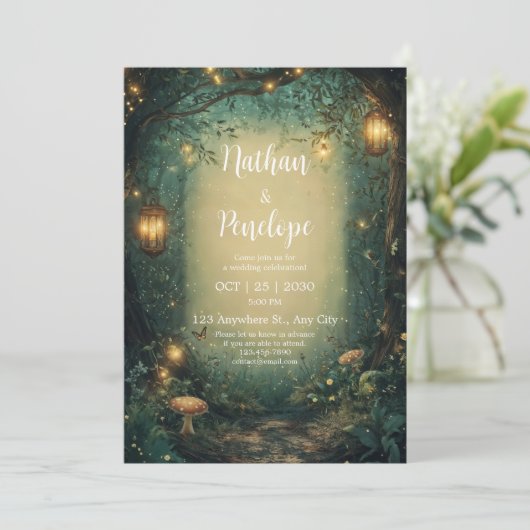 Enchanted Forest Lantern bruiloft uitnodiging (Staand voorkant)