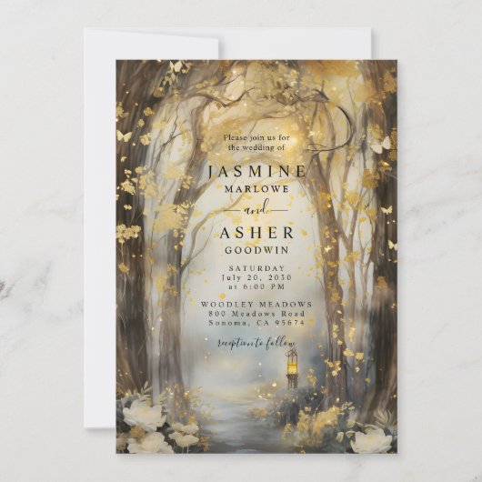 Enchanted Forest Lights Gold Wedding Invitation Kaart (Voorkant)