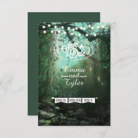 Enchanted Forest Lights Rustic Save the Date (Voorkant / Achterkant)