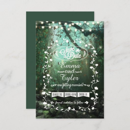 Enchanted Forest Lights Rustic Save the Date (Voorkant / Achterkant)