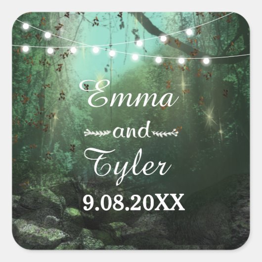 Enchanted Forest Lights Rustic Save the Date Vierkante Sticker (Voorkant)