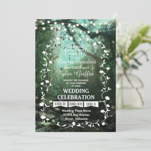 Enchanted Forest Lights rustieke bruiloft uitnodig Kaart (Staand voorkant)