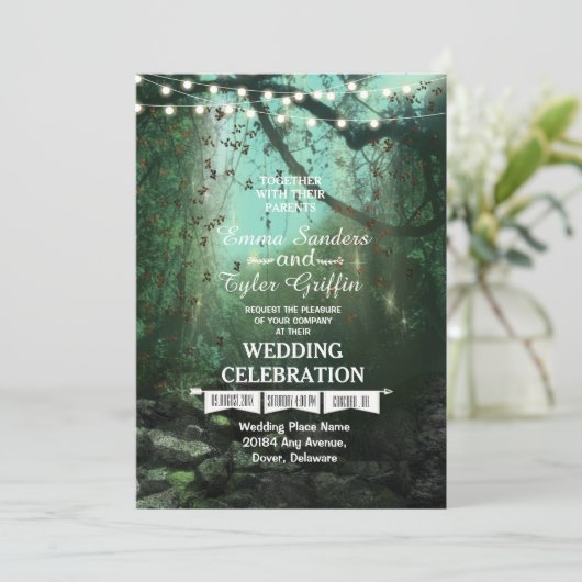 Enchanted Forest Lights rustieke bruiloft uitnodig Kaart (Staand voorkant)