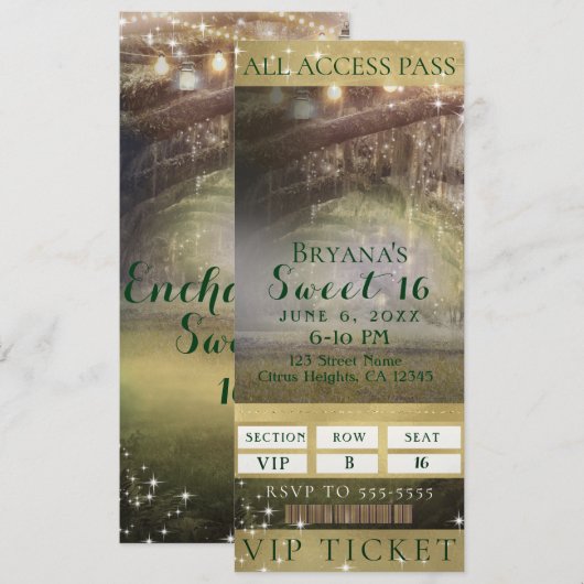 Enchanted Forest Lights VIP Sweet 16 Feestticket Kaart (Voorkant / Achterkant)