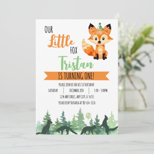 Enchanted Forest: Little Fox verjaardagsuitnodigin Kaart (Staand voorkant)
