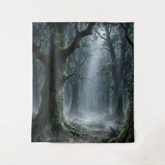 Enchanted Forest | Misty Green Fantasy Tapestry Wandkleed (Voorkant)